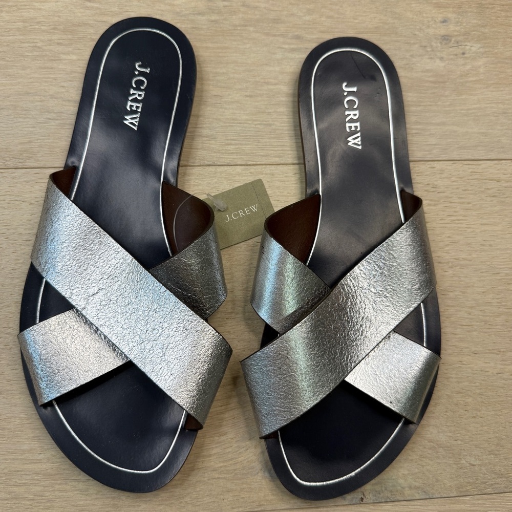 J. Crew Metallic Silver Cross Strap Sandals